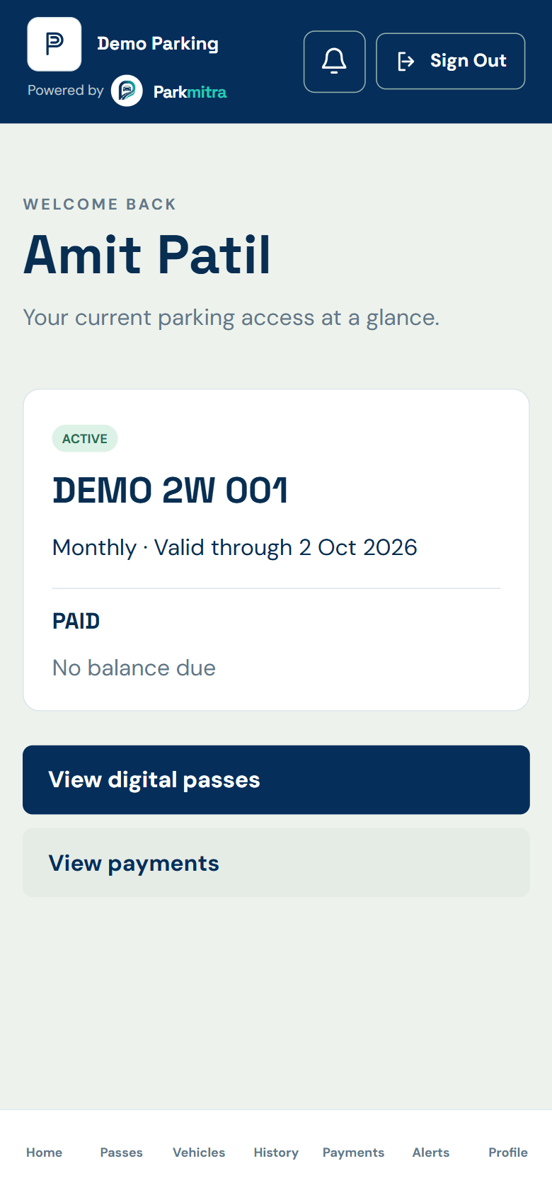 Parkmitra mobile customer portal showing a fictional active parking pass and seven-item bottom navigation