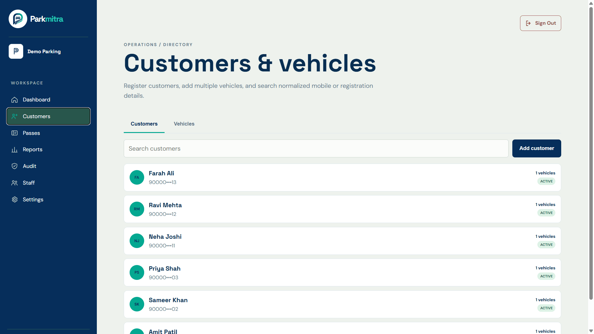 Parkmitra Customers and Vehicles directory showing masked fictional demo customer records