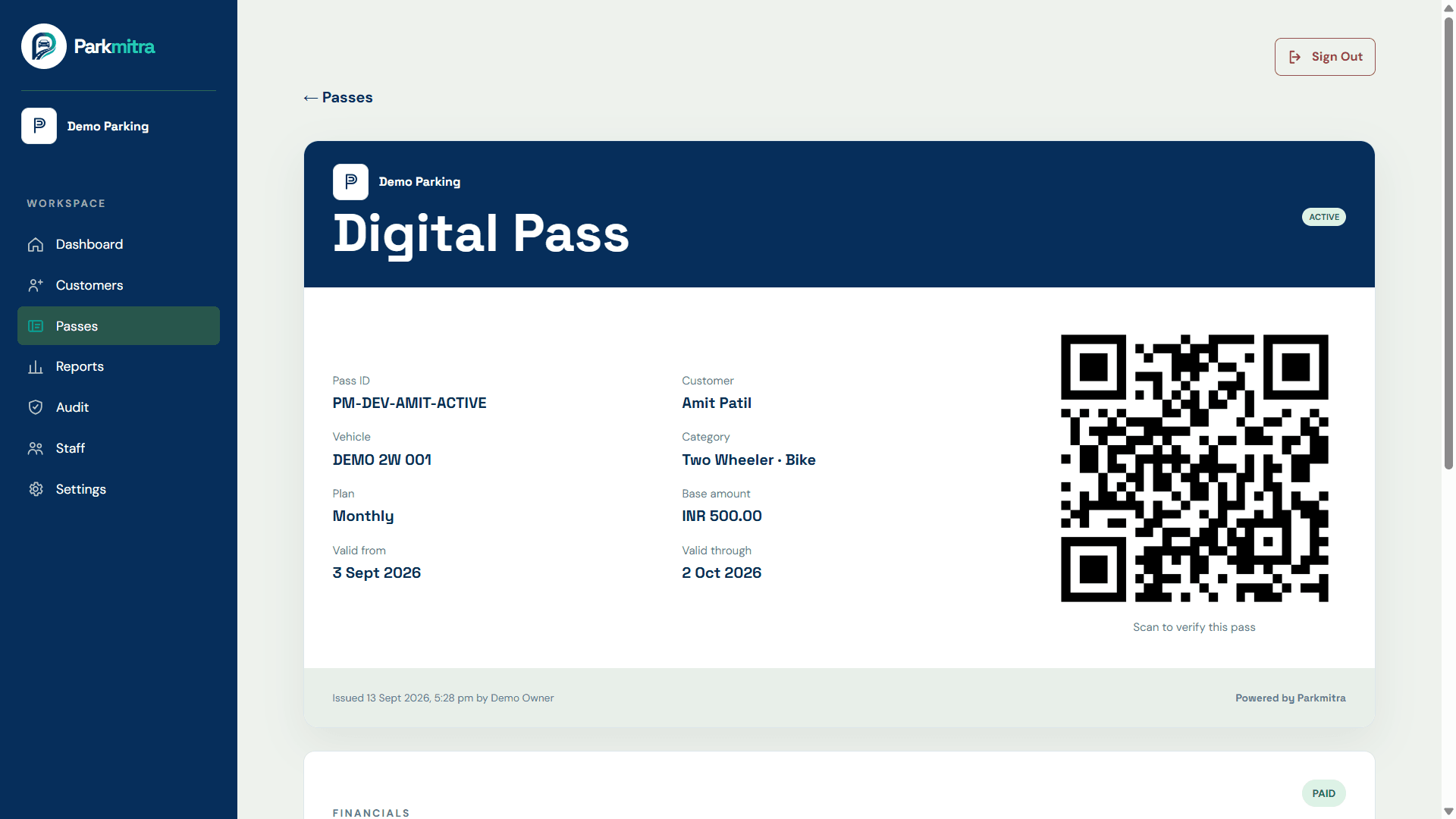 Parkmitra digital parking pass for a fictional demo vehicle with a non-verifying demo QR code