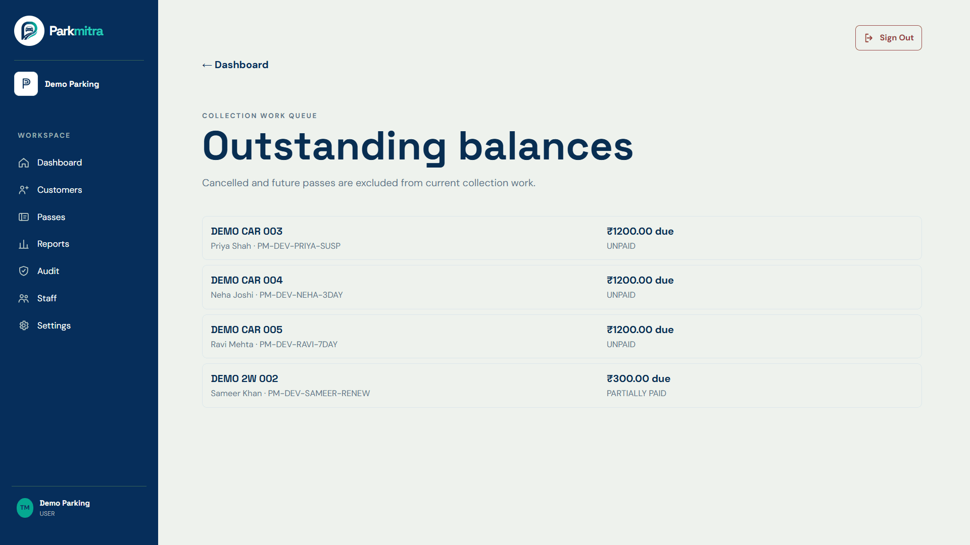 Parkmitra Outstanding Balances view showing fictional demo vehicles and payment amounts