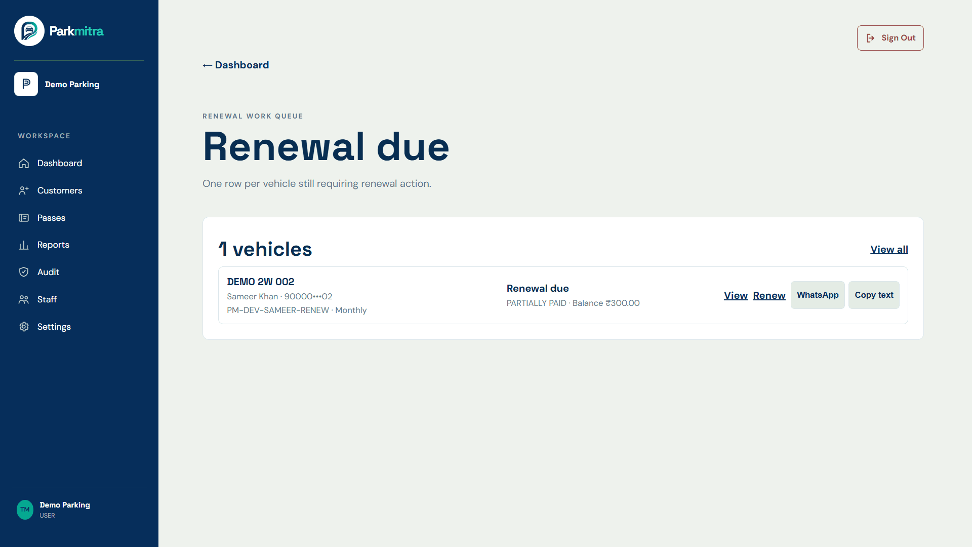 Parkmitra Renewal Due work queue with one fictional demo vehicle and masked contact details